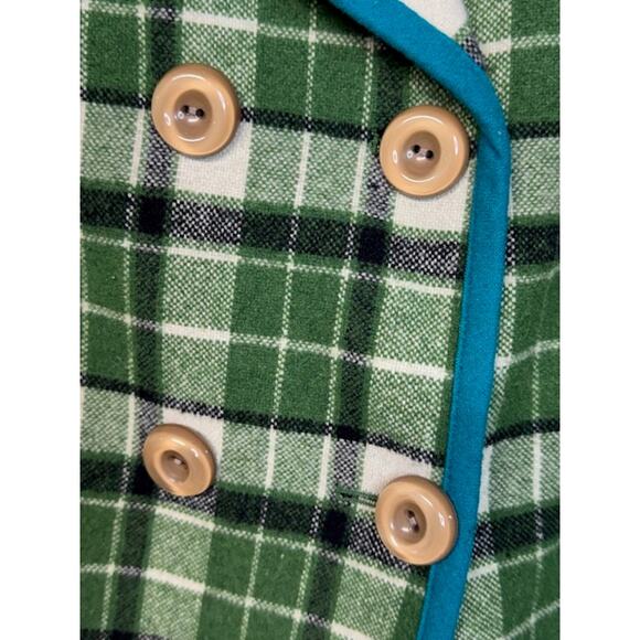 Anthropologie Tabitha Plaid Peacoat 3/4 Sleeve Womens M Green Cream Blue Piping - Picture 6 of 8